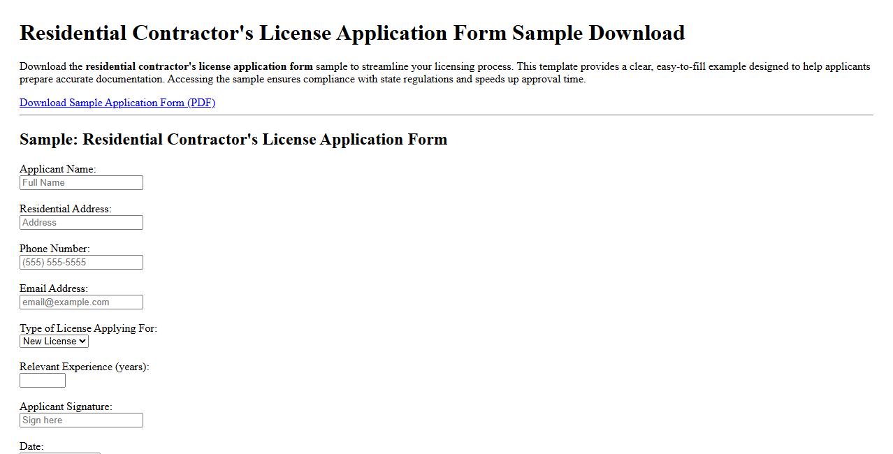 residential contractor’s license application form sample download image preview