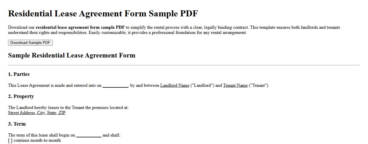 residential lease agreement form sample PDF image preview