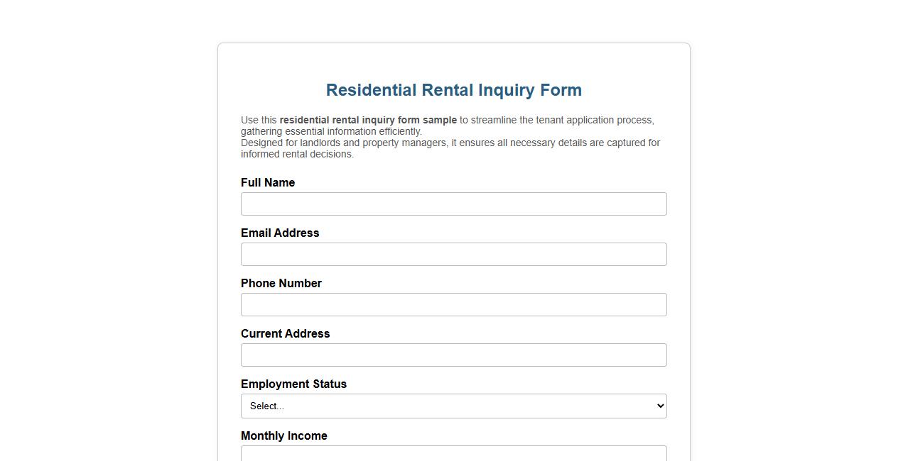 residential rental inquiry form sample image preview