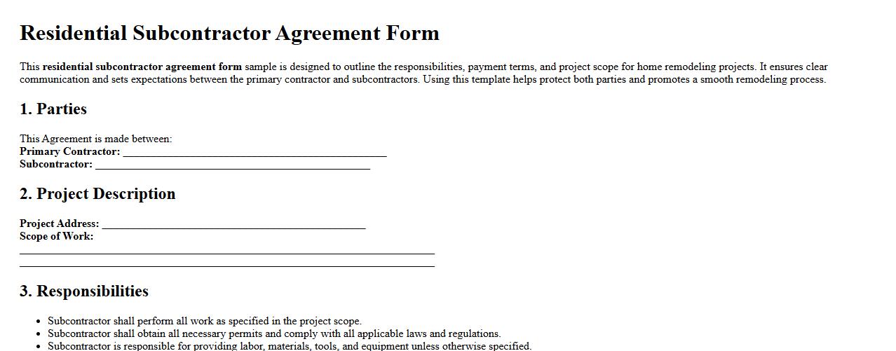 Residential subcontractor agreement form sample for home remodeling image preview