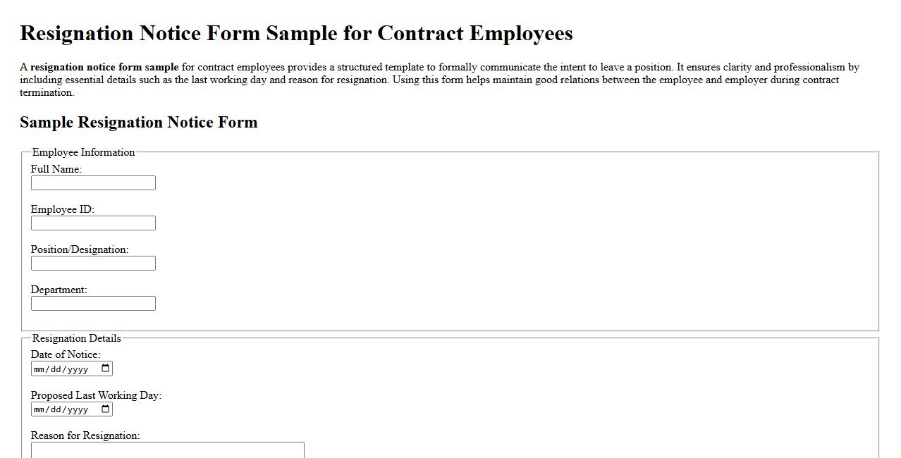 Resignation notice form sample for contract employees image preview