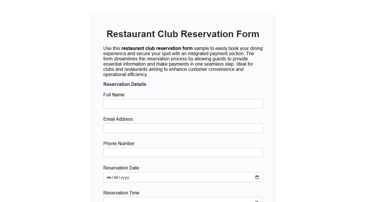 Restaurant club reservation form sample with payment section image preview