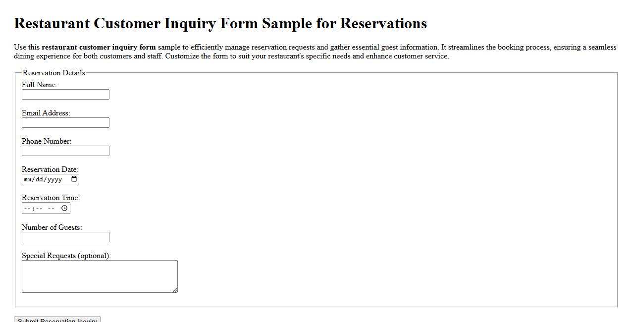 Restaurant customer inquiry form sample for reservations image preview