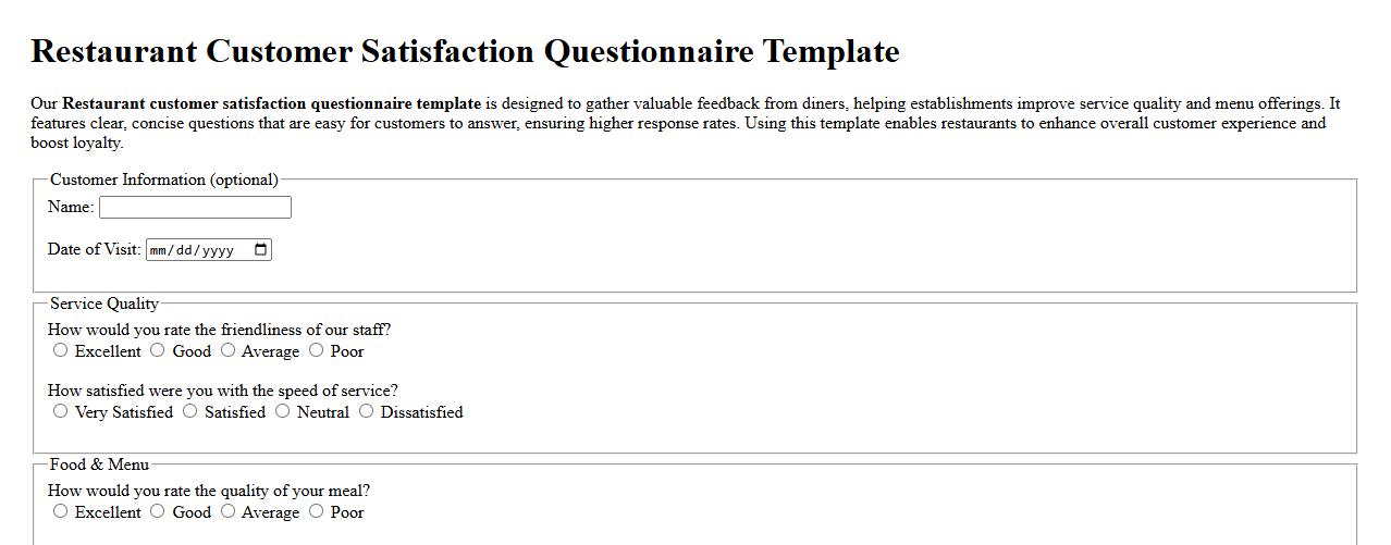 Restaurant customer satisfaction questionnaire template image preview