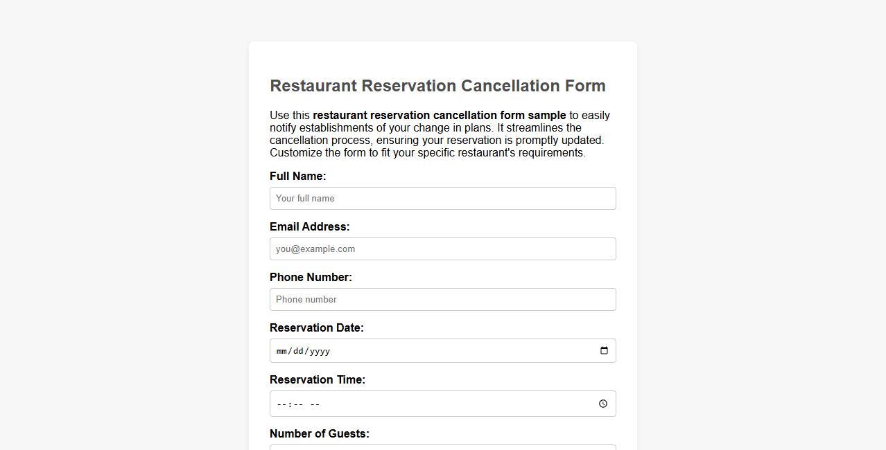 restaurant reservation cancellation form sample image preview