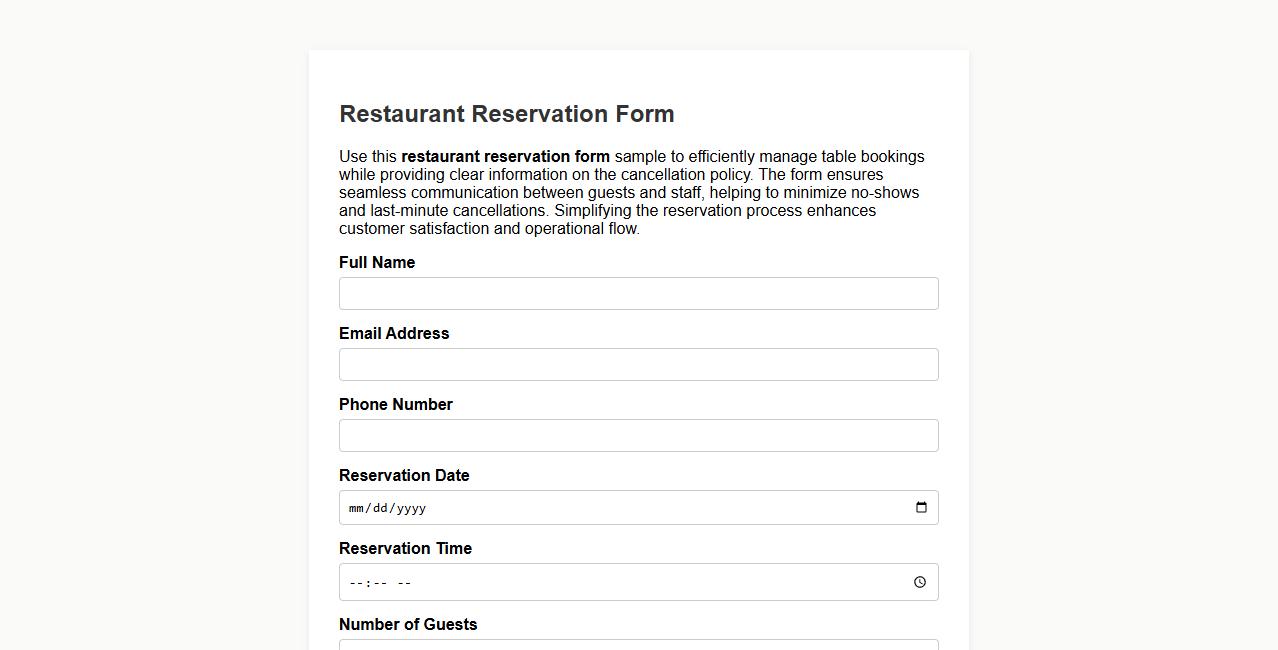 Restaurant reservation form sample including cancellation policy image preview