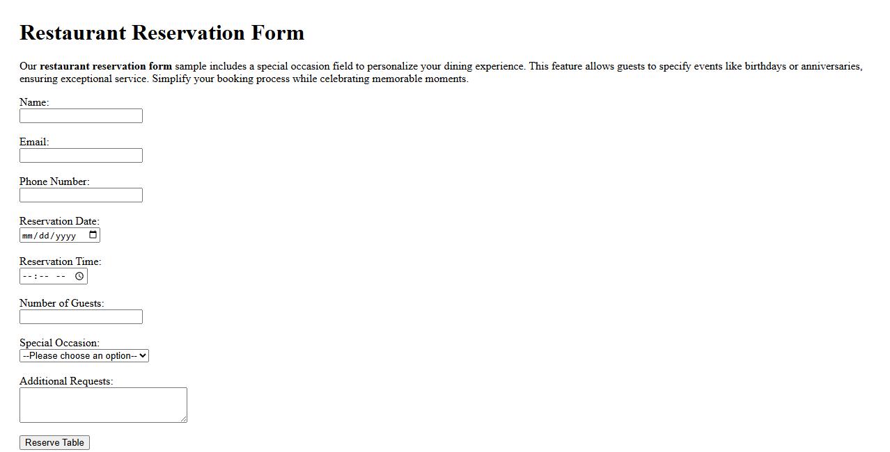 Restaurant reservation form sample with special occasion field image preview