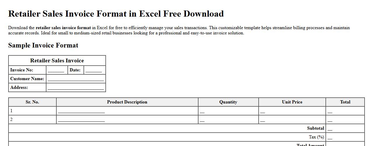 retailer sales invoice format in excel free download image preview