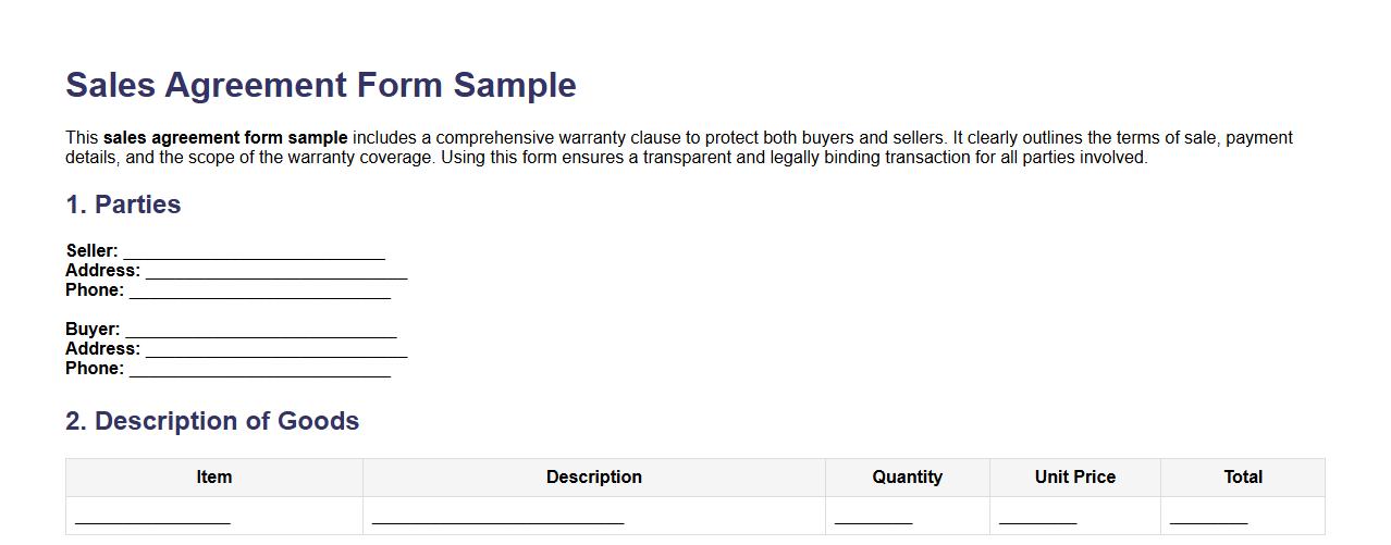 Sales agreement form sample including warranty clause image preview