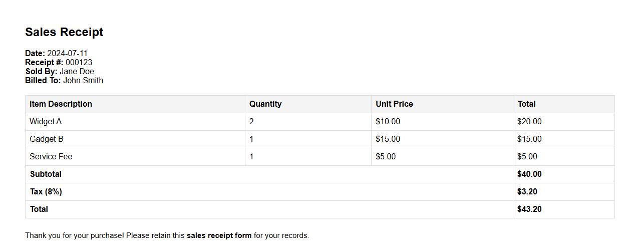Sales receipt form sample with itemized list image preview