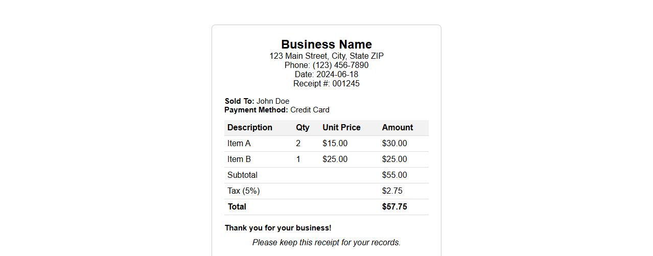 Sales receipt format for small business image preview