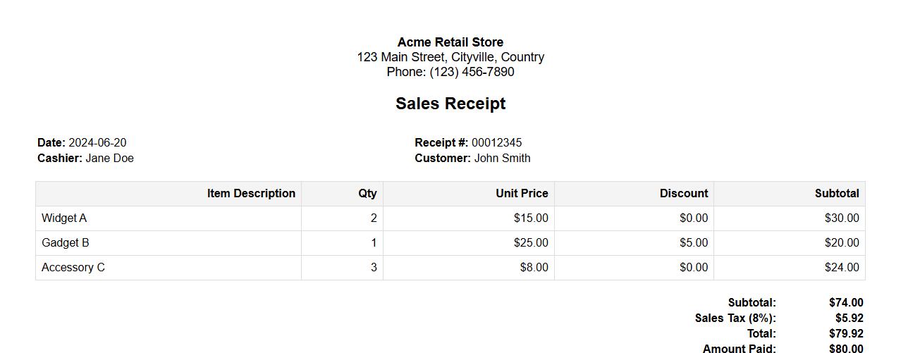 sales receipt with itemized breakdown image preview