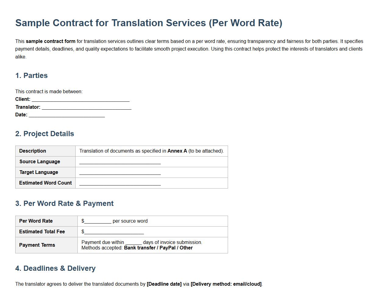 sample contract form for translation services per word rate image preview