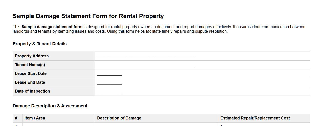 Sample damage statement form for rental property image preview