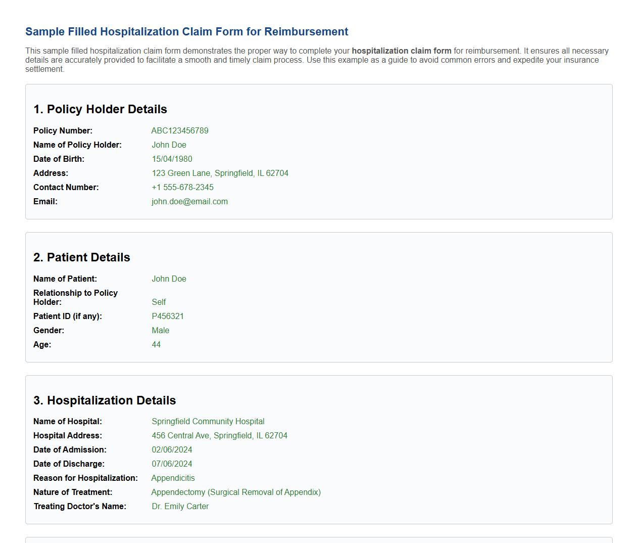 Sample filled hospitalization claim form for reimbursement image preview
