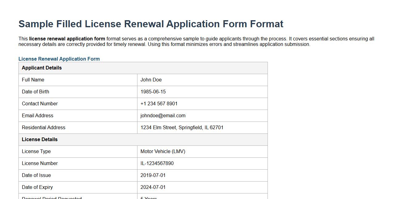 Sample filled license renewal application form format image preview