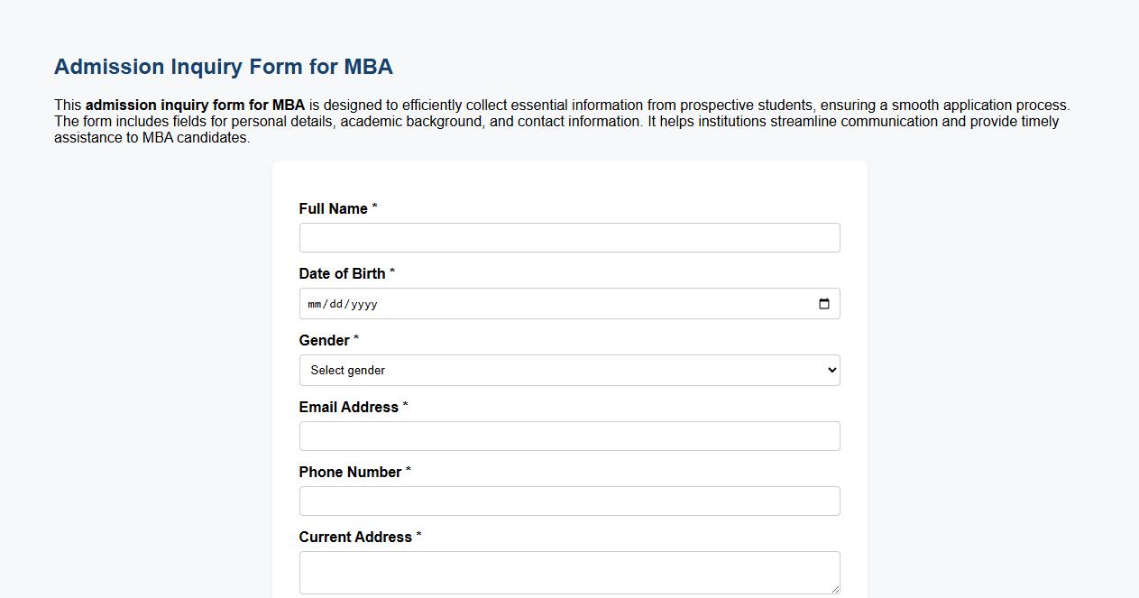sample format of admission inquiry form for mba image preview