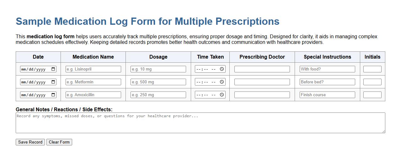 Sample medication log form for multiple prescriptions image preview