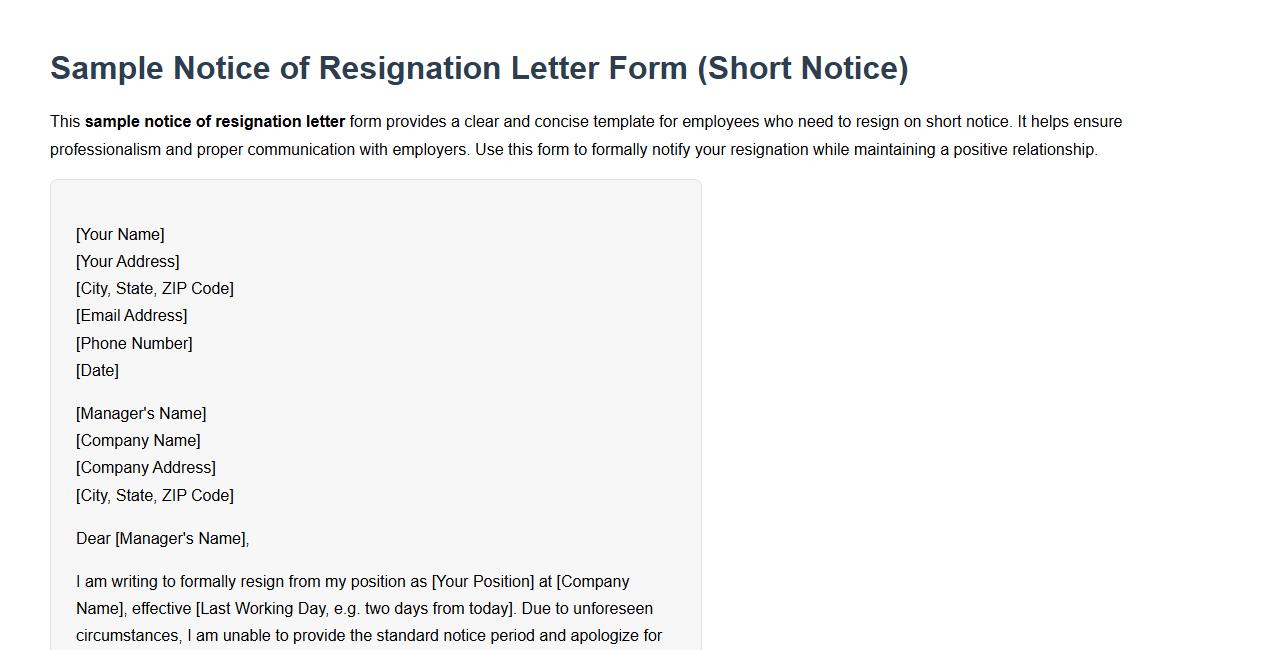 sample notice of resignation letter form with short notice image preview