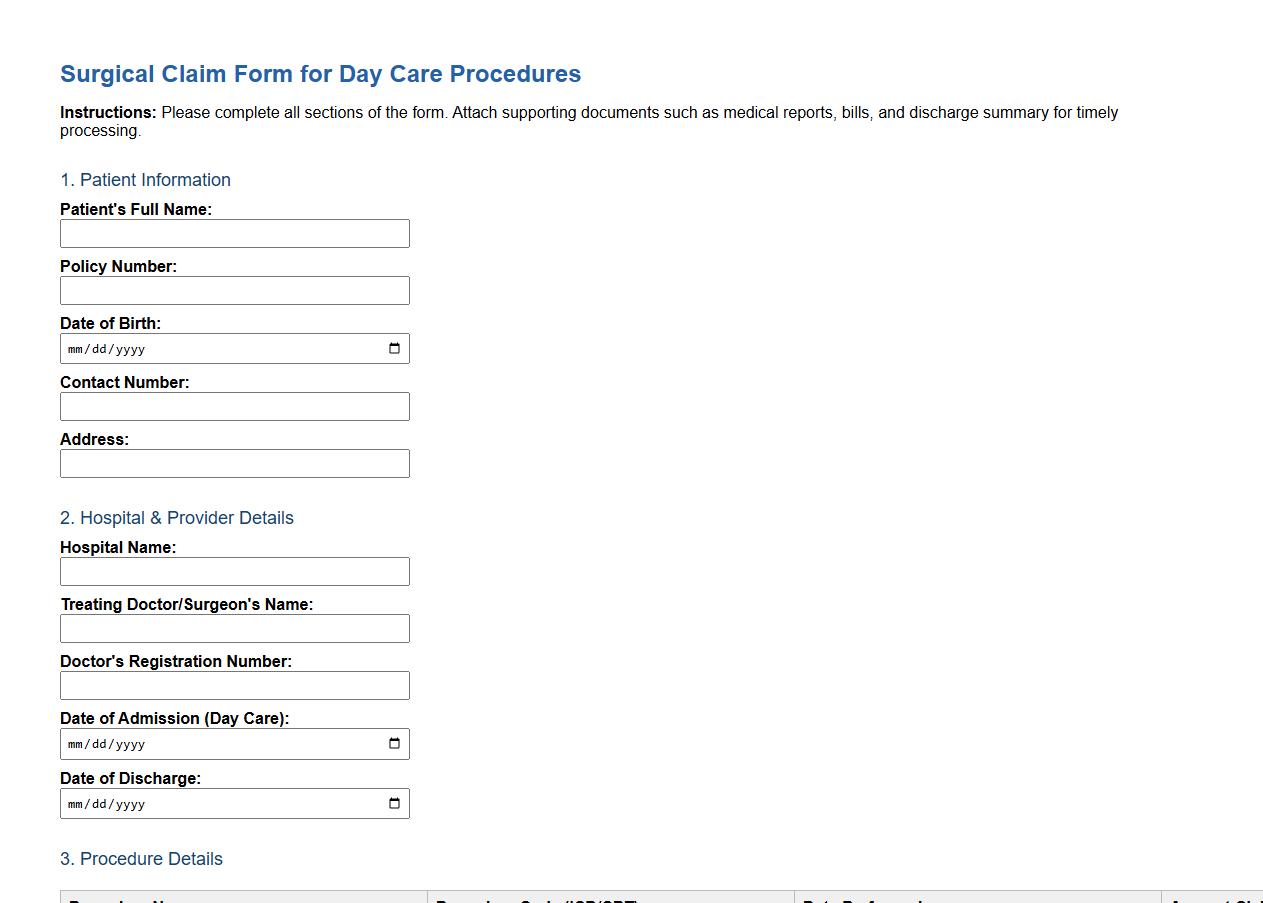 sample of surgical claim form for day care procedures image preview