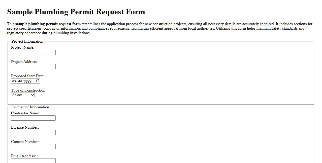 Sample plumbing permit request form for new construction image preview