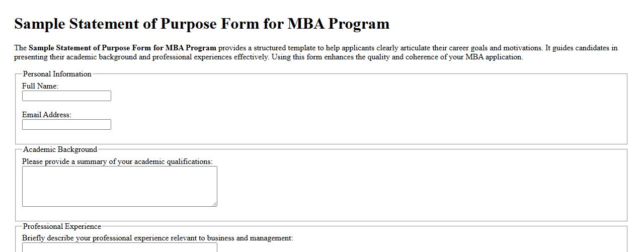 Sample Statement of Purpose Form for MBA Program image preview