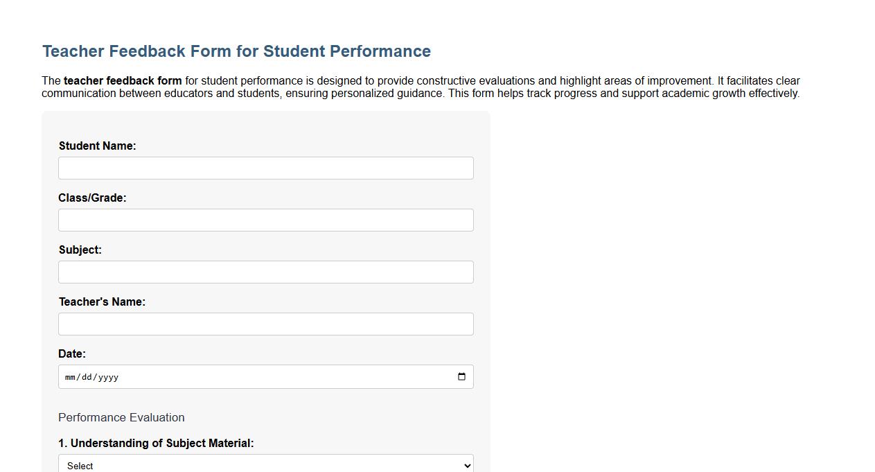 sample teacher feedback form for student performance image preview