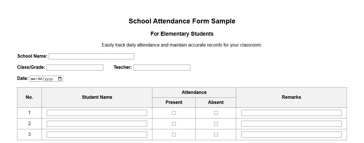 School attendance form sample for elementary students image preview