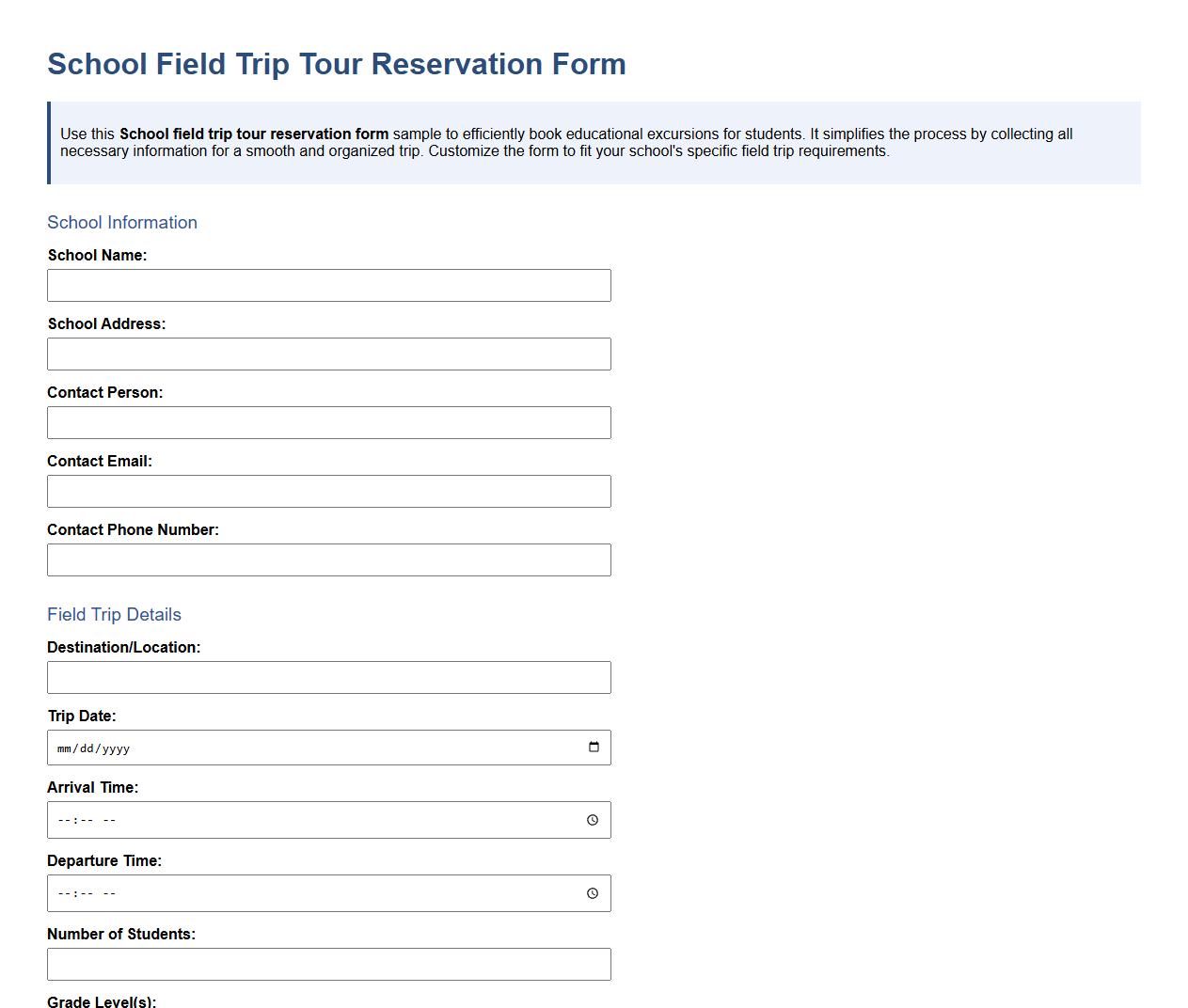School field trip tour reservation form sample image preview