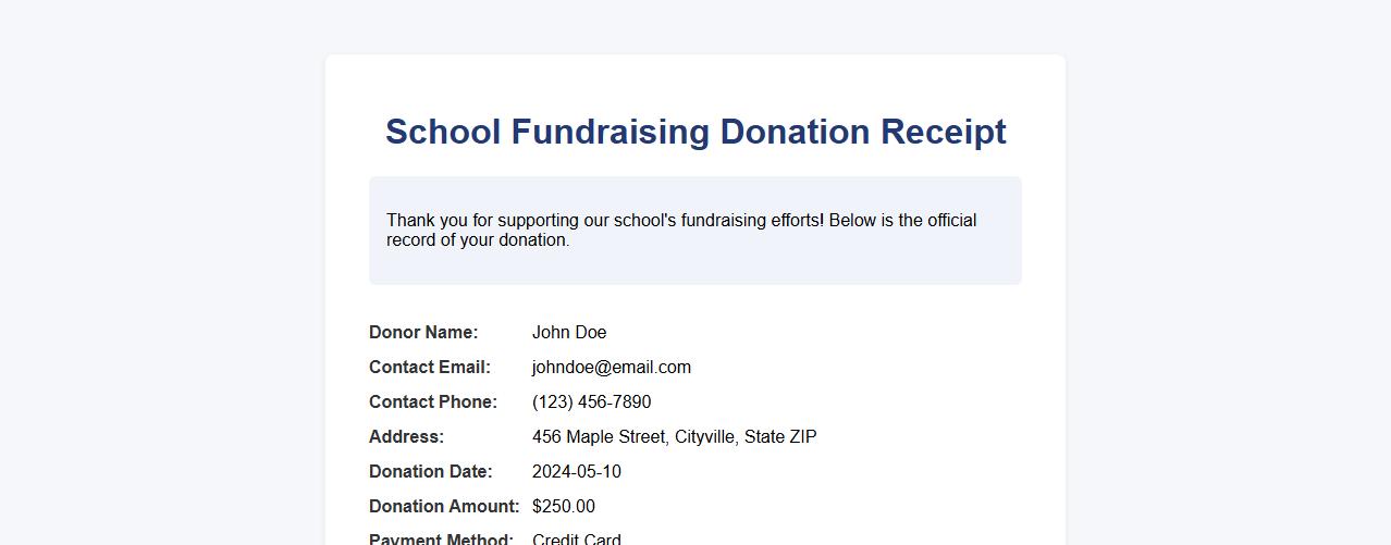 School fundraising donation receipt with donor details image preview