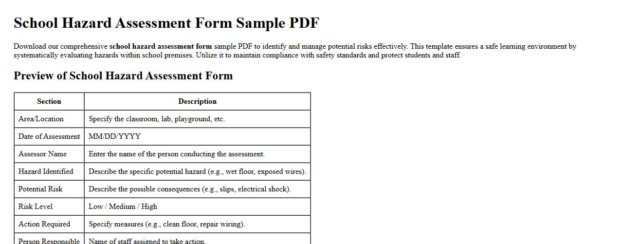 school hazard assessment form sample pdf image preview