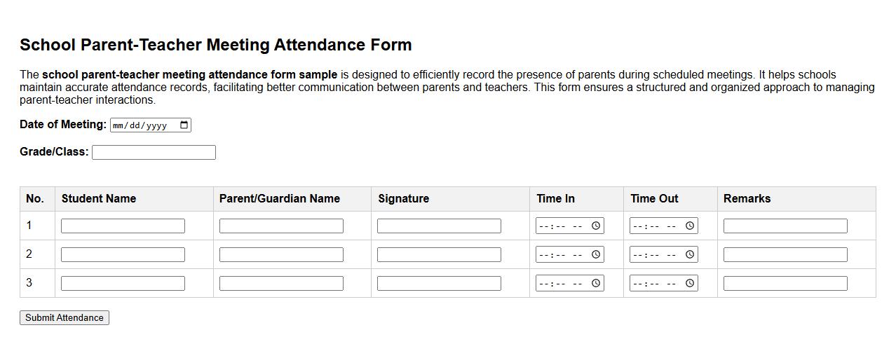 school parent-teacher meeting attendance form sample image preview