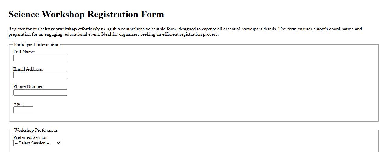 Science workshop registration form sample image preview