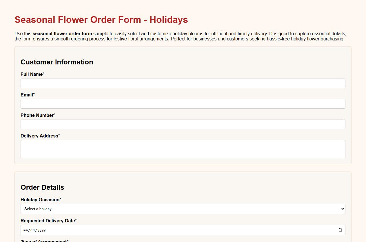 seasonal flower order form sample for holidays image preview