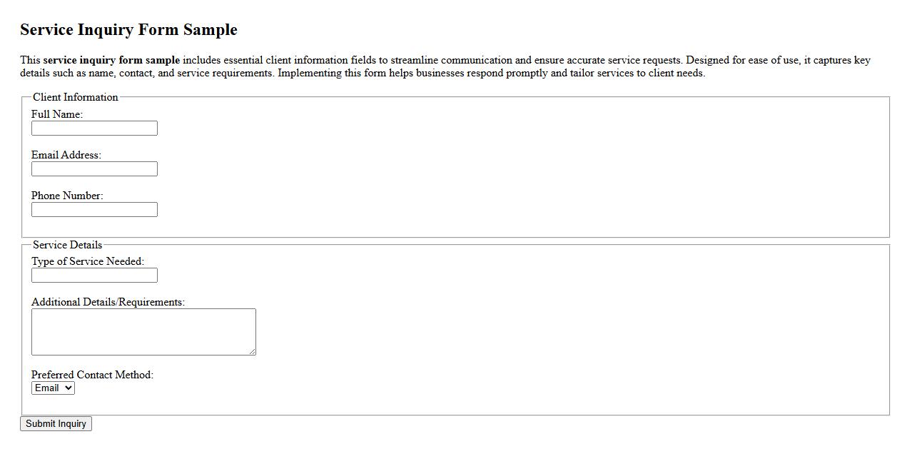 service inquiry form sample with client information fields image preview