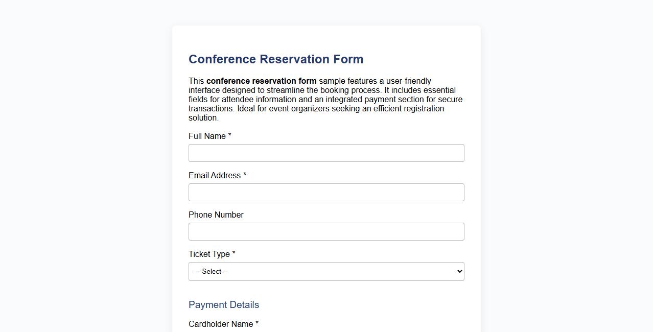 Simple conference reservation form sample with payment section image preview