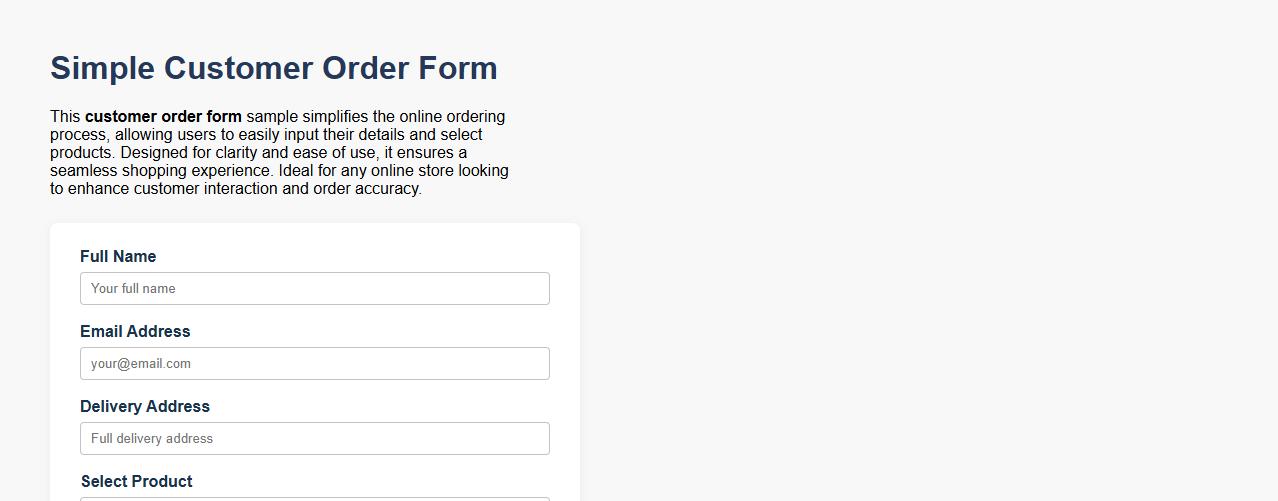 Simple customer order form sample for online store image preview