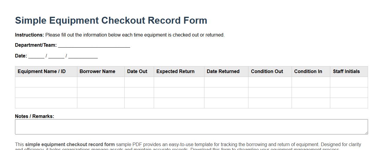 simple equipment checkout record form sample pdf image preview
