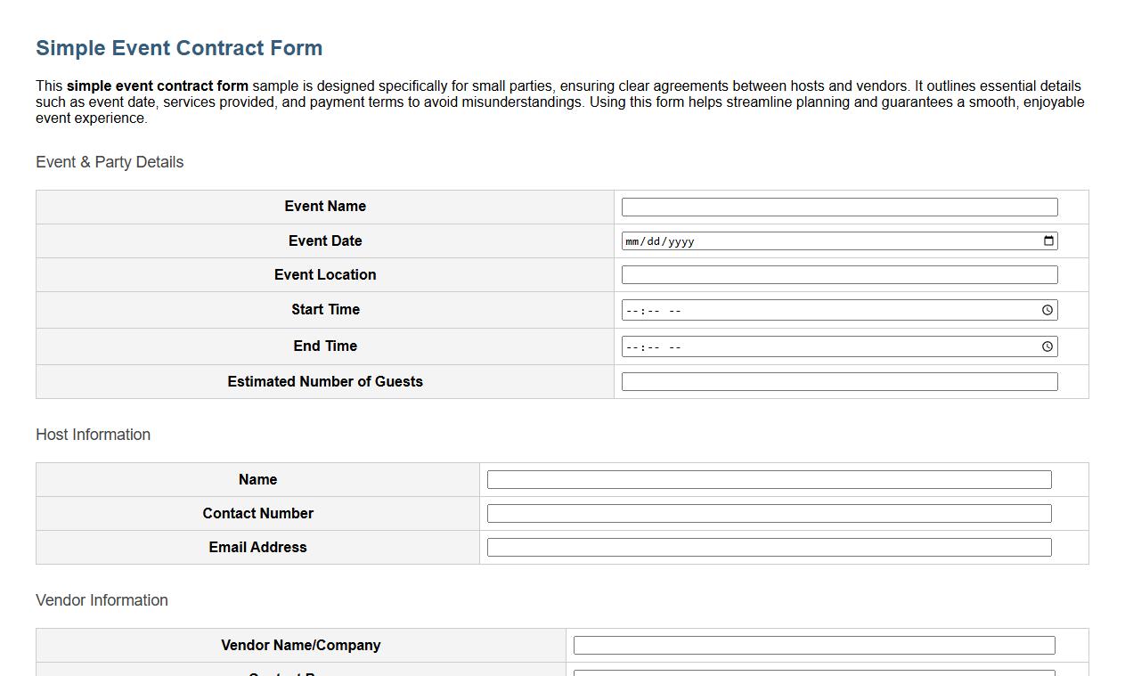 simple event contract form sample for small parties image preview