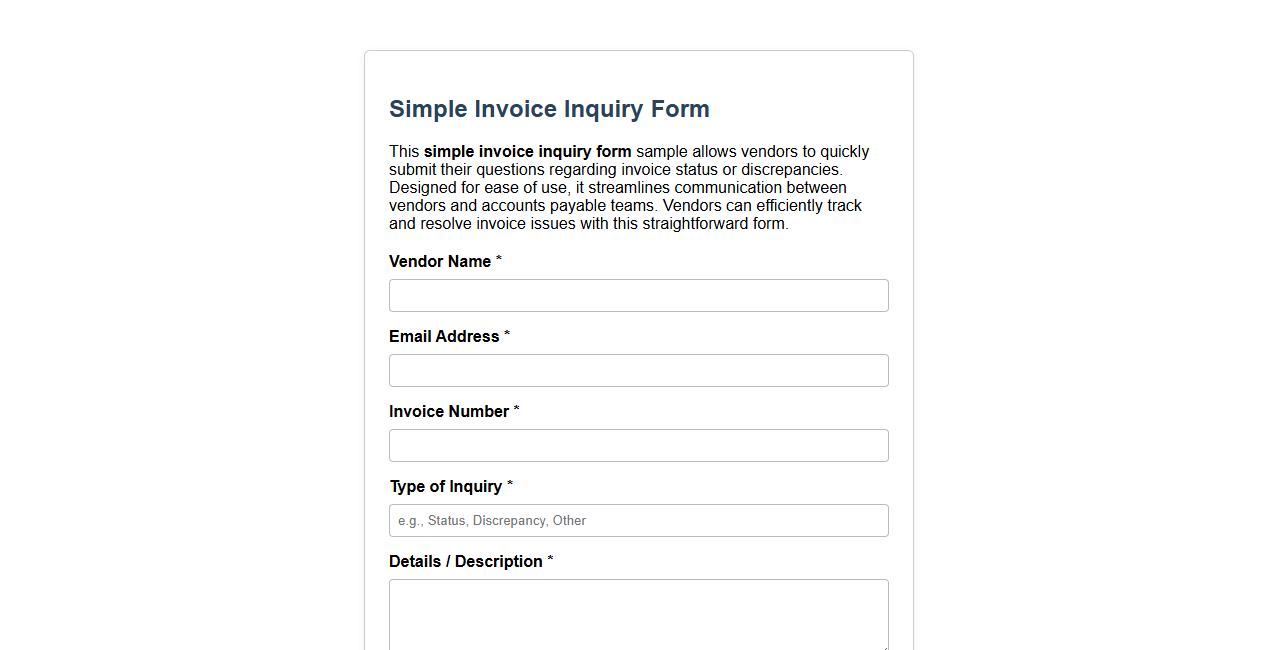 simple invoice inquiry form sample for vendors image preview