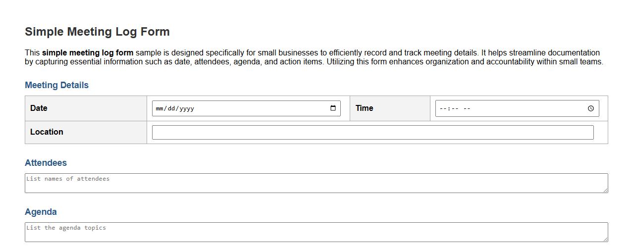 simple meeting log form sample for small businesses image preview