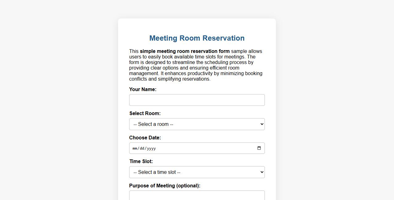 Simple meeting room reservation form sample with time slots image preview