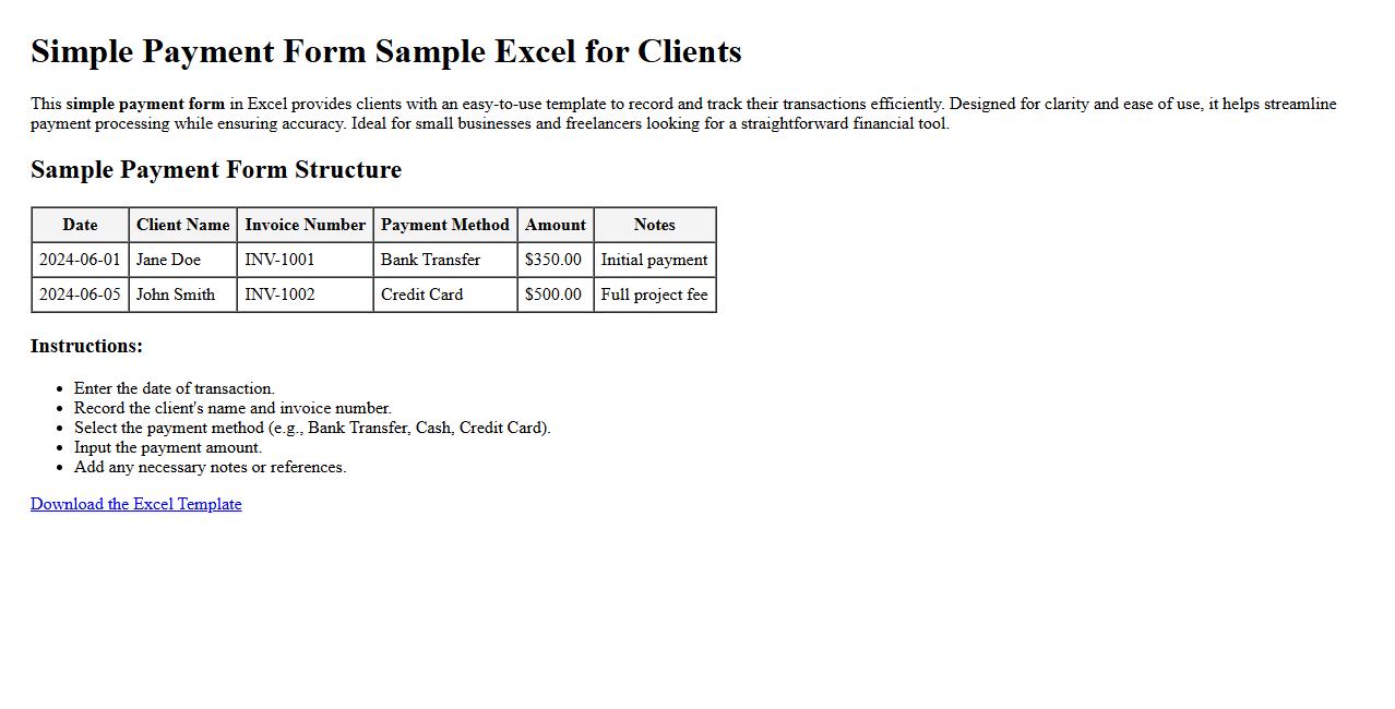 Simple payment form sample excel for clients image preview