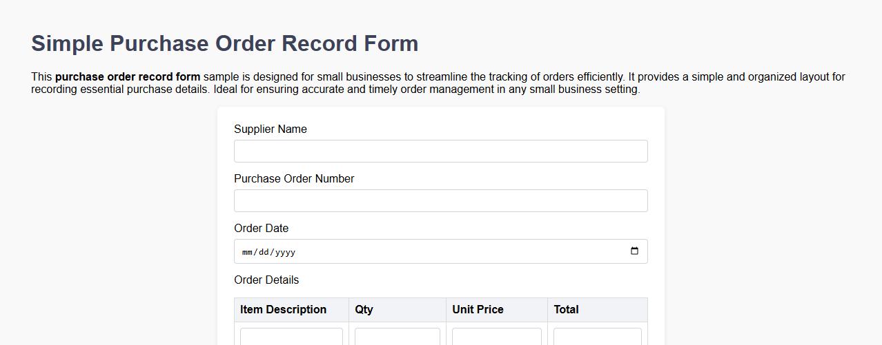 Simple purchase order record form sample for small business image preview