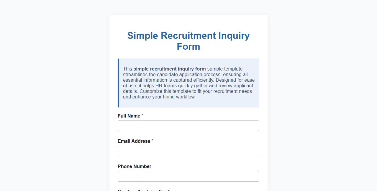 Simple recruitment inquiry form sample template image preview