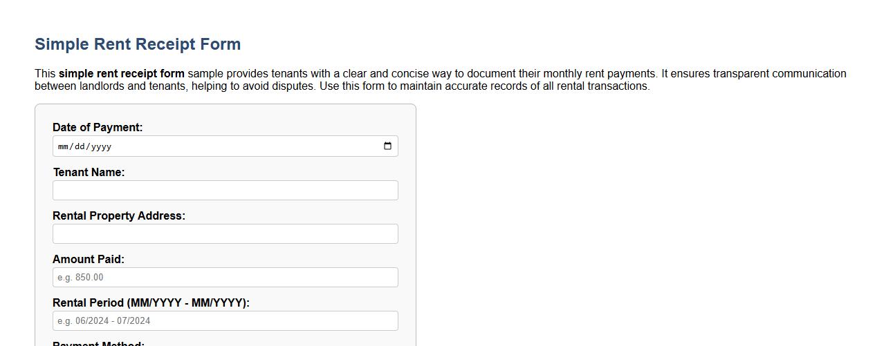 simple rent receipt form sample for tenants image preview