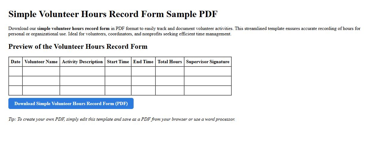 simple volunteer hours record form sample PDF image preview