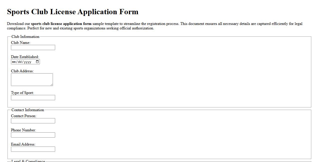 sports club license application form sample template image preview
