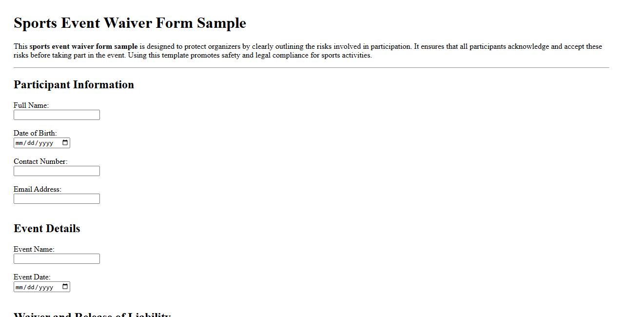 sports event waiver form sample image preview