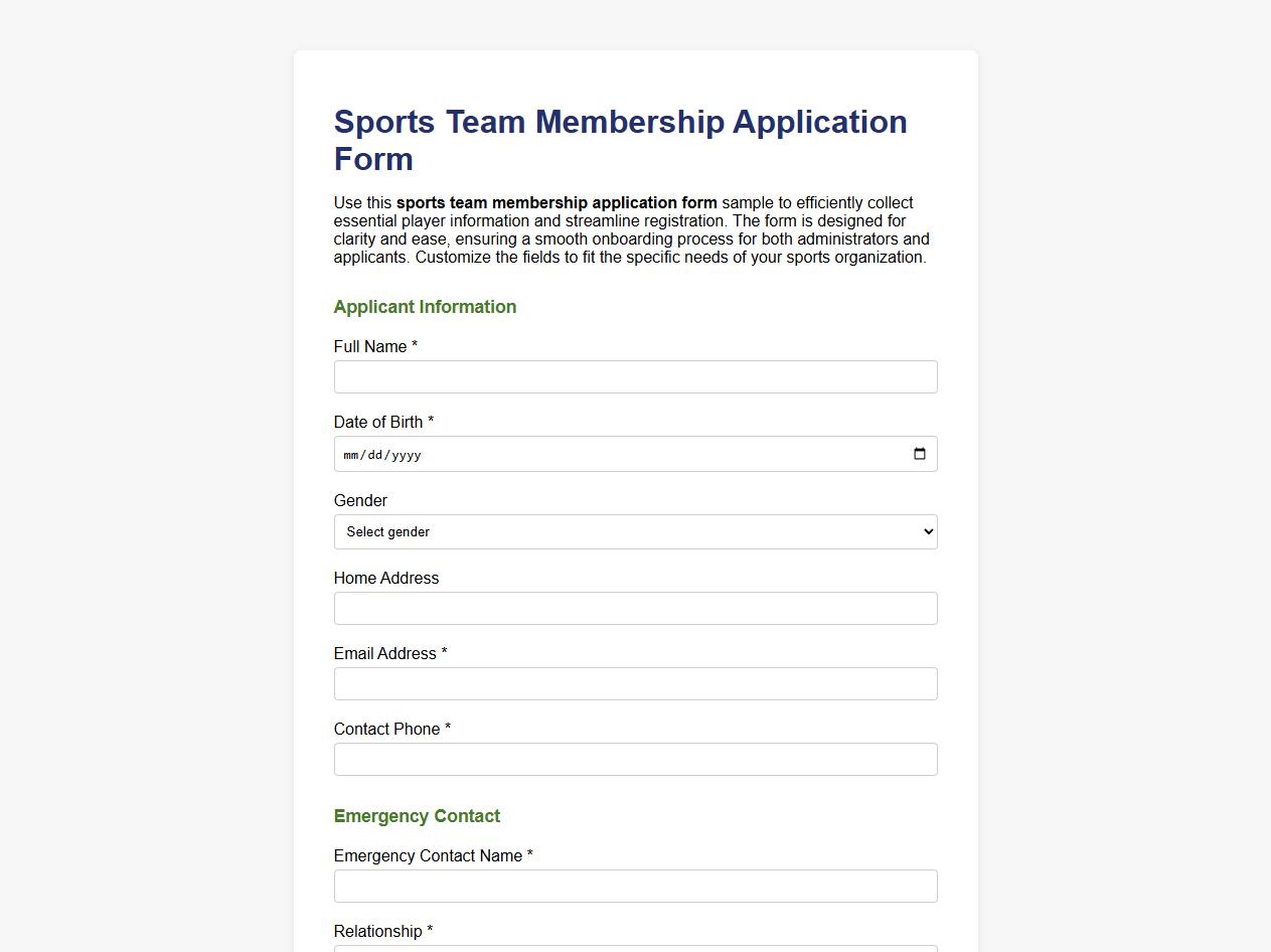 Sports team membership application form sample image preview